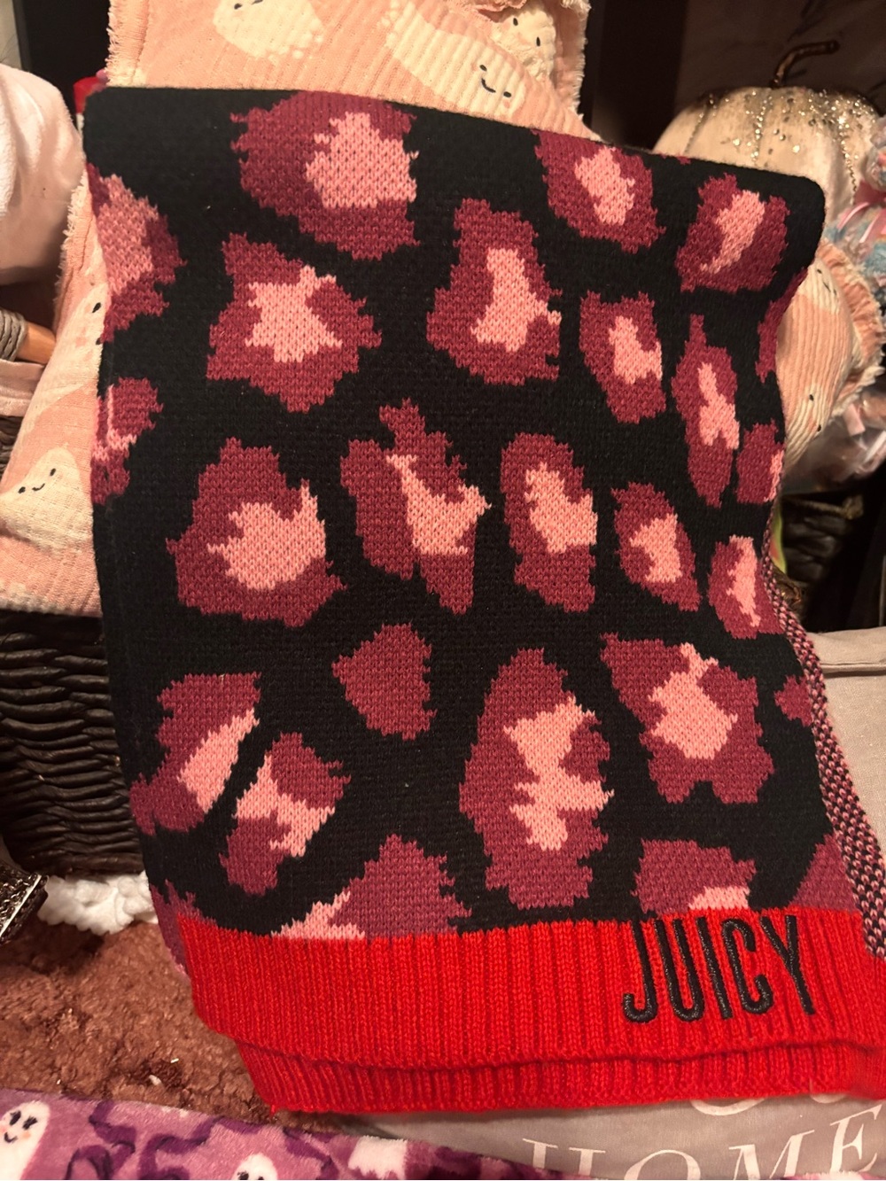 Juicy Couture Black & redLeopard Print Knit Scarf